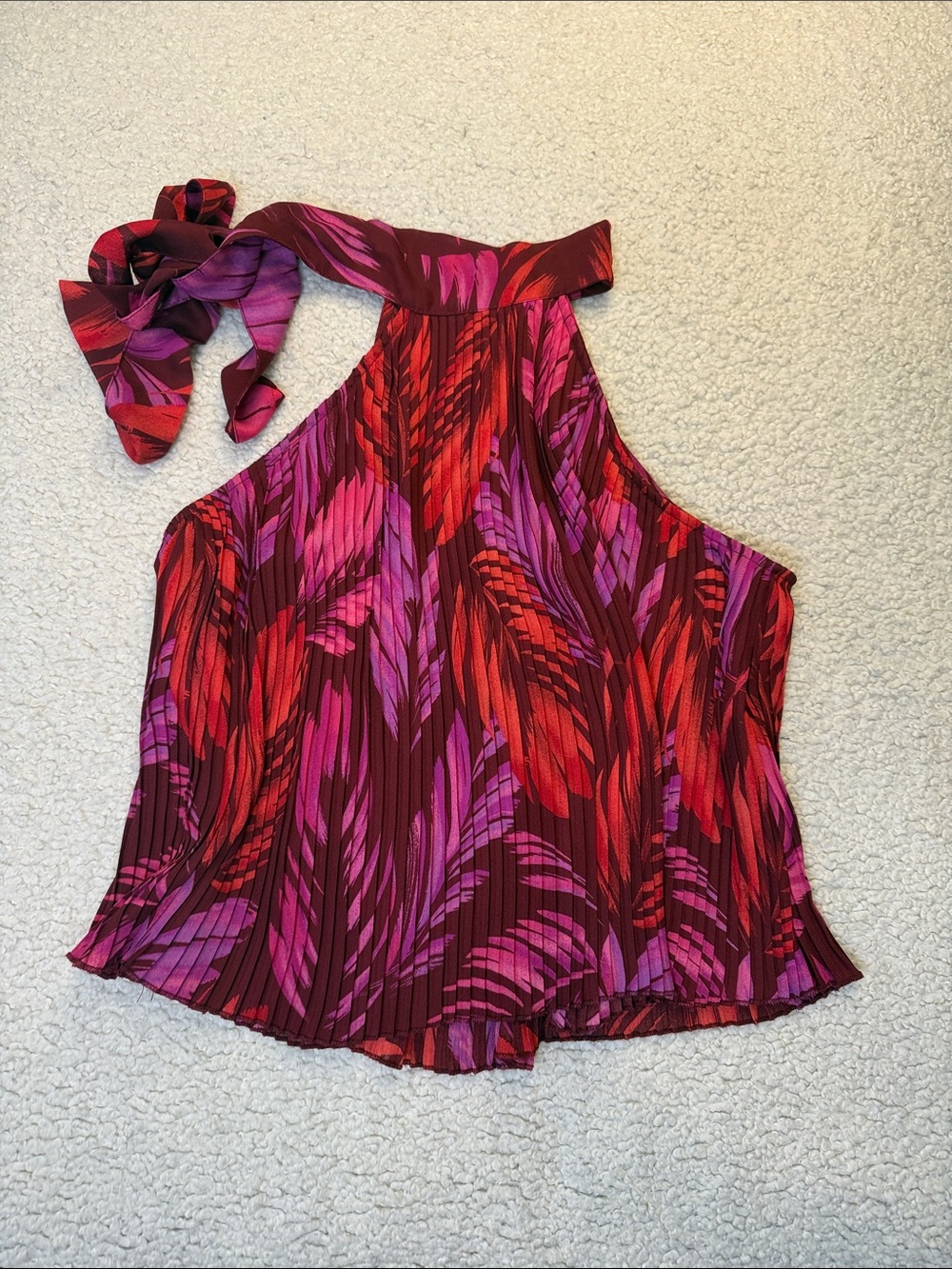 Halter Neck Floral Print Pleated Women's Top - Red & Purple
